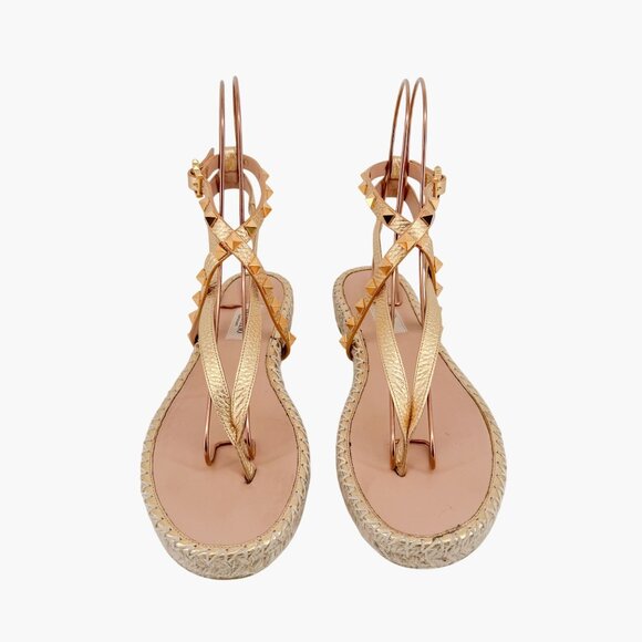 Valentino Garavani Rockstud Espadrille Thong Sandals Size 38 US 8 Gold Flat - Picture 3 of 15